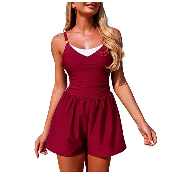 COMVALUE Swim Romper Women One Piece Swimsuit Tummy Control Bathing Suit Modest Full Coverage Swimwear with Shorts Pockets (Wine, XXL)