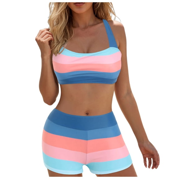 COMVALUE Tankini Swimsuits for Women Vintage Printed Tummy Control Bathing Suit Boyshorts Two Peice Modest Swimwear (Pink, S)