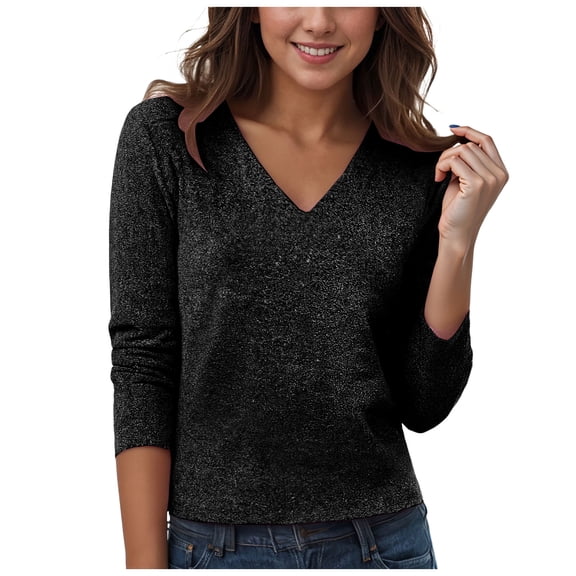 COMVALUE Tops for Women Fashion Casual Sparkly V Neck Shirts Sparkle Shimmer Long Sleeve Top Outfits (Black, 4XL)