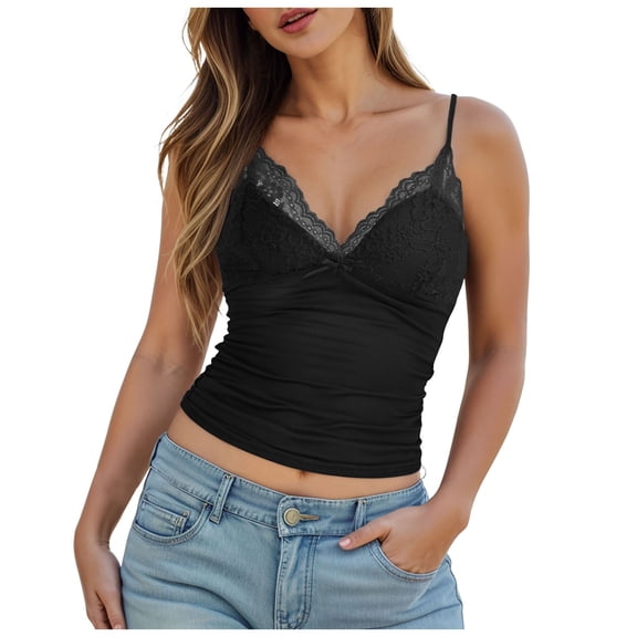 COMVALUE Tops for Women Sexy Tank Tops Y2K V Neck Spaghetti Strap Slim Going Out Top (Black, L)