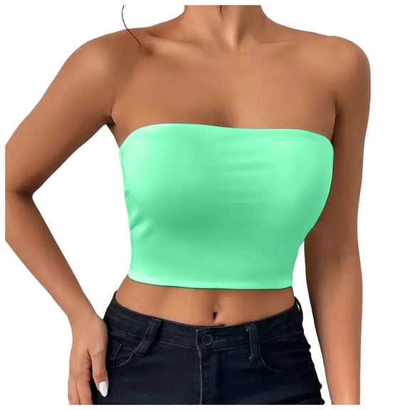 COMVALUE Tube Tops for Women Summer Crop Top Basic Casual Bandeau Going Out Strapless Short Shirt (Green, XS)