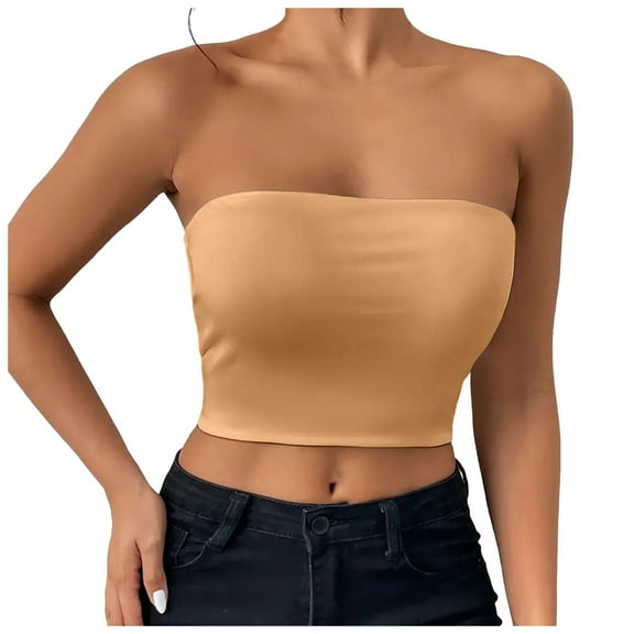 COMVALUE Tube Tops for Women Summer Crop Top Basic Casual Bandeau Going Out Strapless Short Shirt (Khaki, L)