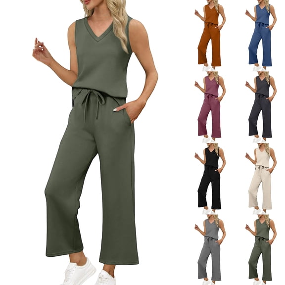 COMVALUE Two Piece Sets for Women Summer Outfits Matching Lounge Sets Wide Leg Crop Pants Vacation Travel (Blue, XL)