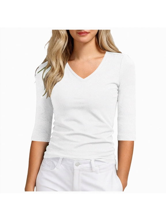 V Neck T Shirts for Women 3/4 Sleeve Cute Tops Casual Three Quarter Length Dressy Blouses Loose Layering Tunic Tops (White, S)