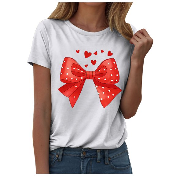 COMVALUE Valentine's Day Shirts for Women:Cute Love Heart Tshirts Graphic Tees Valentine Casual Short Sleeve Top (White, XXL)