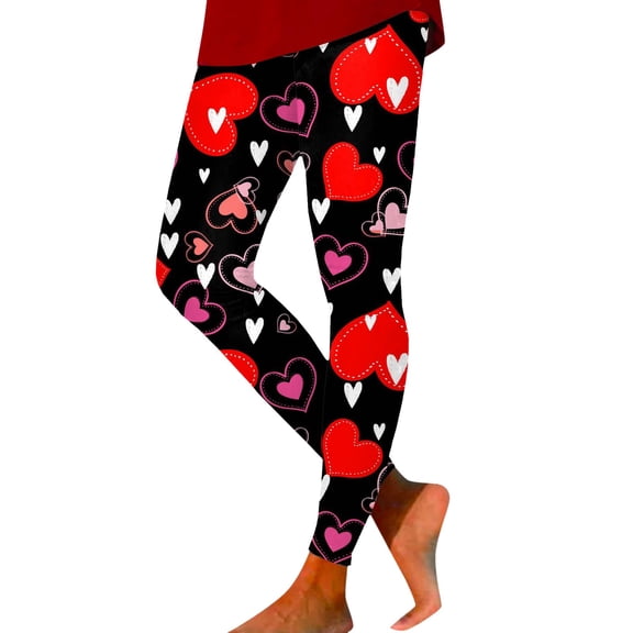 COMVALUE Valentines Leggings for Women High Waisted Stretch Love Heart Printed Yoga Pants Trendy Running Tights (Red, L)