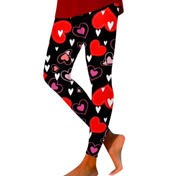 COMVALUE Valentines Leggings for Women High Waisted Stretch Love Heart Printed Yoga Pants Trendy Running Tights (Red, XXL)
