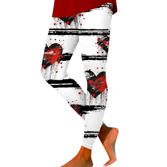 COMVALUE Valentines Leggings for Women High Waisted Stretch Love Heart Printed Yoga Pants Trendy Running Tights (White, L)