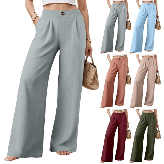 COMVALUE Wide Leg Dress Pants for Women High Waisted Trousers Business Casual Button Flowy Pant (Army Green, L)