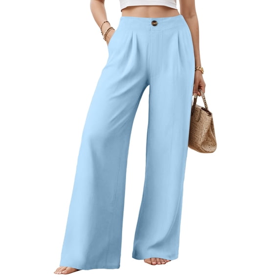 COMVALUE Wide Leg Dress Pants for Women High Waisted Trousers Business Casual Button Flowy Pant (Light Blue, M)