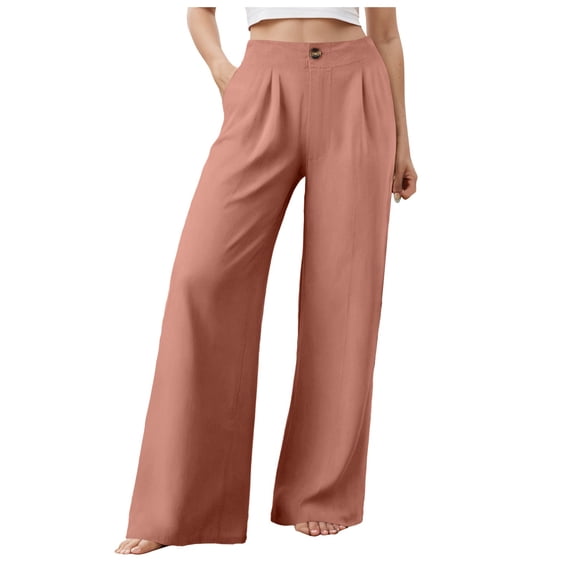 COMVALUE Wide Leg Dress Pants for Women High Waisted Trousers Business Casual Button Flowy Pant (Pink, XXL)