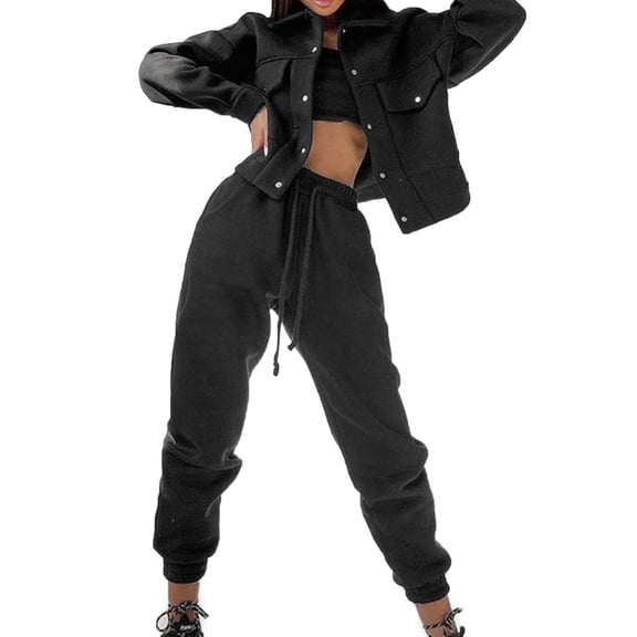 COMVALUE Women 2 Piece Outfits Jacket Top Casual Pants Set Long Sleeved Jacket (Black, M)