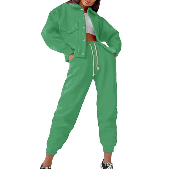 COMVALUE Women 2 Piece Outfits Jacket Top Casual Pants Set Long Sleeved Jacket (Green, S)