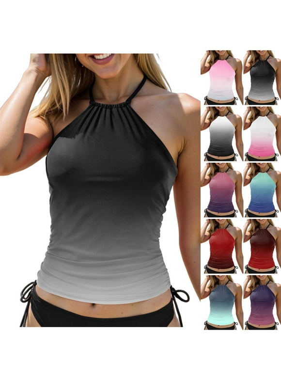 Women 2026 High Neck Bathing Suit Top Tummy Control Ruched Swimsuit Without Bottom Tankini Top Only (Light Pink, L)