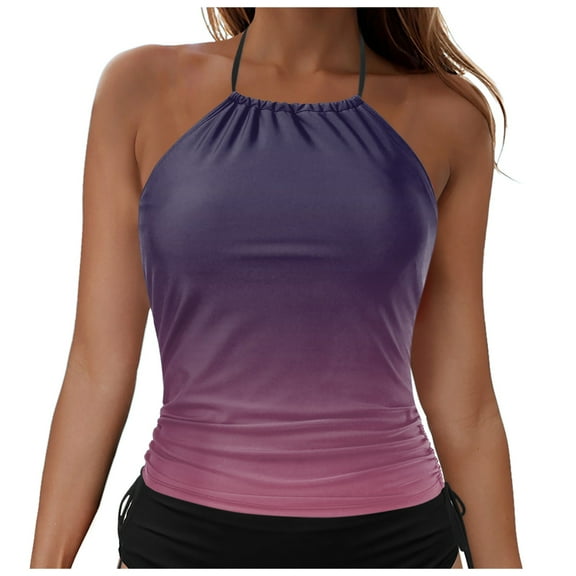 COMVALUE Women 2026 High Neck Bathing Suit Top Tummy Control Ruched Swimsuit Without Bottom Tankini Top Only (Purple, XL)