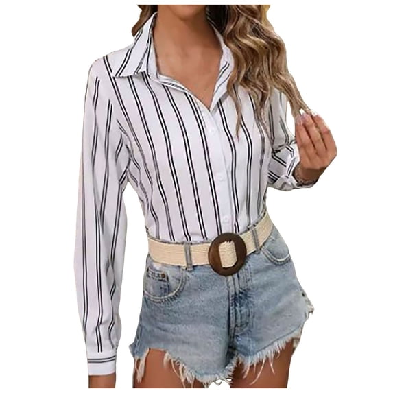 COMVALUE Women 2026 Striped Long Sleeve Dress Shirts Collared Office Work Blouses Button Up Tops (White, XL)