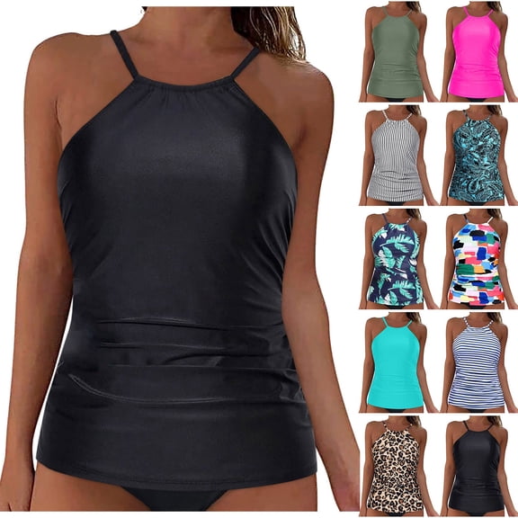 COMVALUE Women 2026 Tankini Top Only High Neck Bathing Suit Top Tummy Control Ruched Swimsuit Without Bottom (White, S)