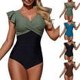 thumbnail image 1 of COMVALUE Women 2026 Tummy Control Color Block Ruffle Sleeve Bathing Suit Full Coverage Slimming Swimsuits Swimwear (M, Army Green), 1 of 5