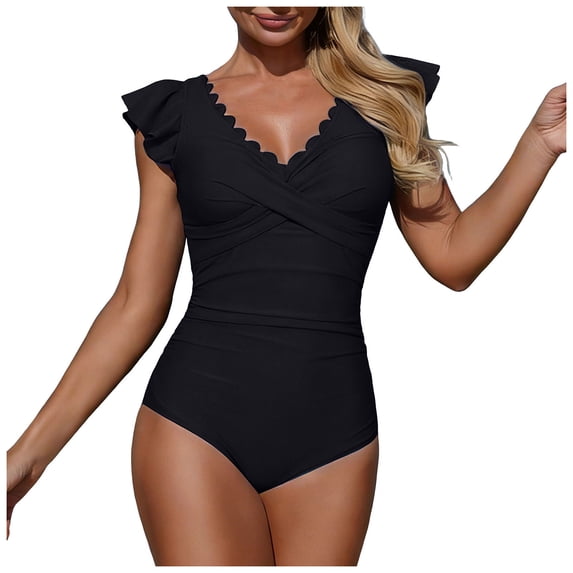 COMVALUE Women 2026 Tummy Control Color Block Ruffle Sleeve Bathing Suit Full Coverage Slimming Swimsuits Swimwear (M, Black)