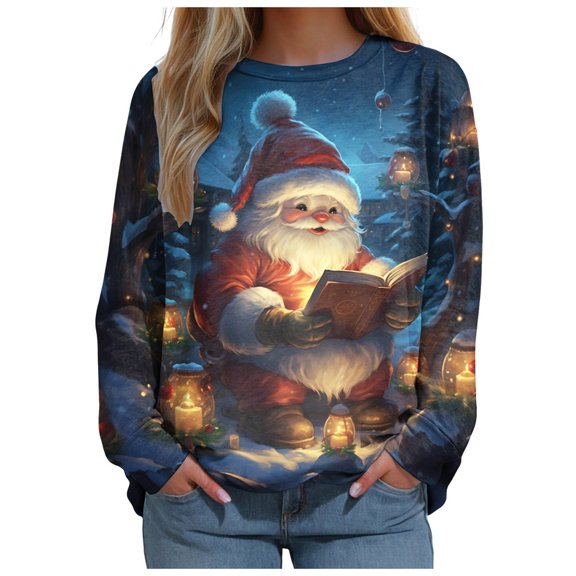 COMVALUE Women And Girls' Christmas Long Sleeve Crew Neck Sweatshirt With Snowman Santa And Christmas Tree Prints. (Navy,S)
