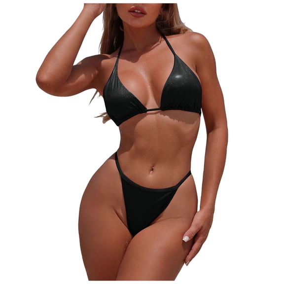 COMVALUE Women Bikini Swim Sexy Swimsuit Triangle Top and Bottom Set (Black, S)