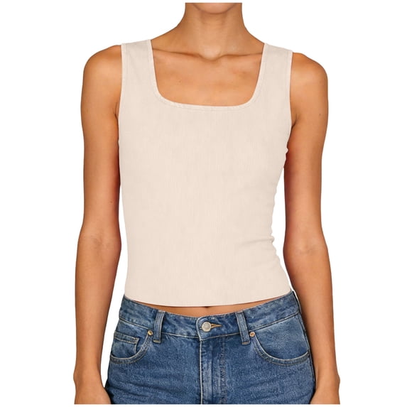 COMVALUE Women Built-in Bra Tank Tops Sleeveless Crewneck Rib Knit Shirts Slim Fit Basic Tee Tops (Beige, S)