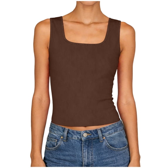 COMVALUE Women Built-in Bra Tank Tops Sleeveless Crewneck Rib Knit Shirts Slim Fit Basic Tee Tops (Brown, XL)