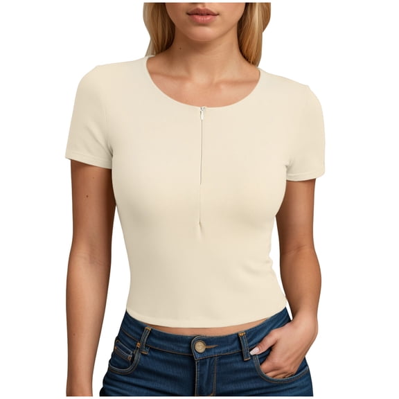 COMVALUE Women Casual Fashion Solid Color Slim Fit Fashion Sports Short Sleeve Half Zipper Top Tight T Shirt( Coffee,S)