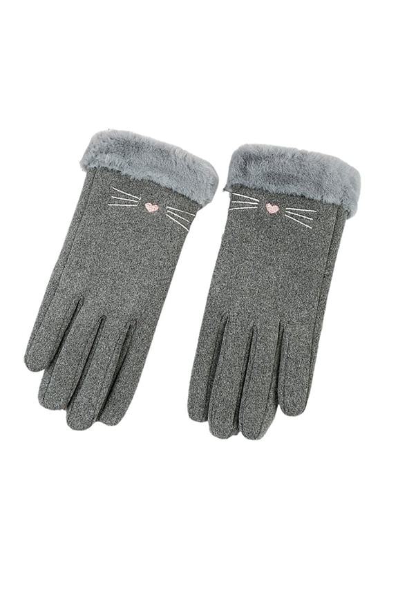 Women Cold Weather Gloves Cute Cat Winter Thermal Mittens (Grey, One Size)