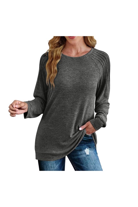 Women Crewneck Pleated Long Sleeve Shirts Fashion Loose Fit Tunic Tops (Dark Gray, M)