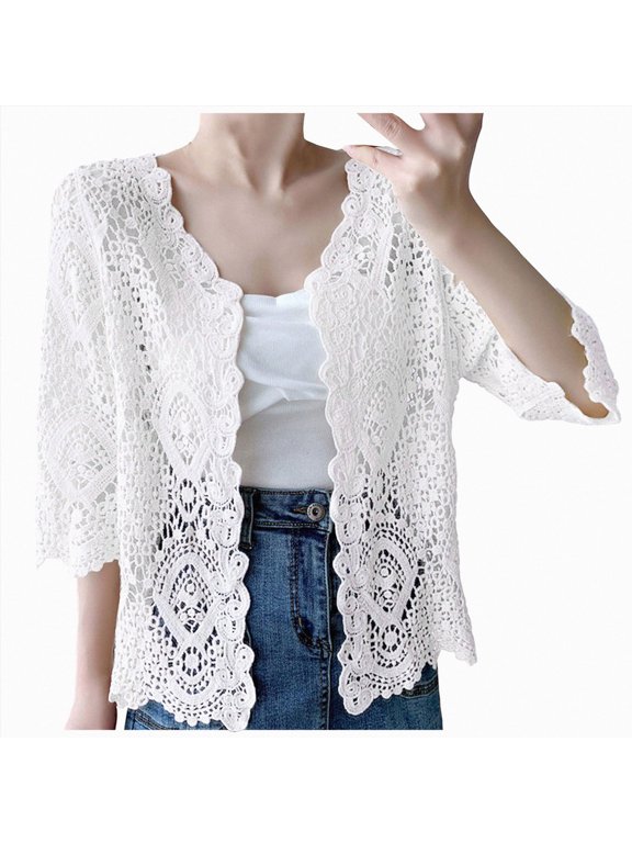 Women Crochet Flower Cardigan Hollowed Out Boho Shrug Sweater Button Front Knit Shrug for Dress Short Sleeve White One Size