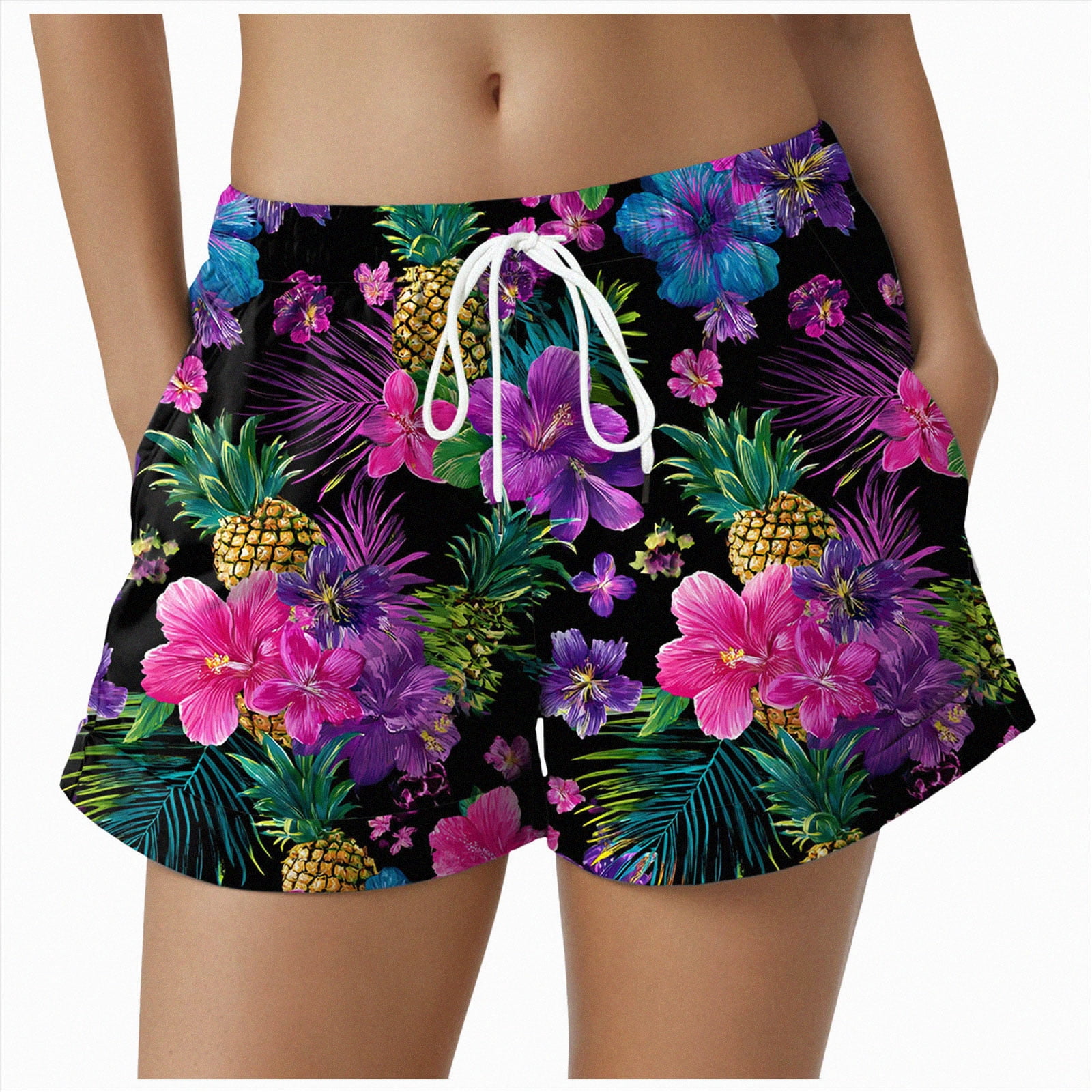 COMVALUE Women Drawstring Board Shorts Floral Beach Swim Shorts Summer Swim Trunks with Pockets (Black, L)