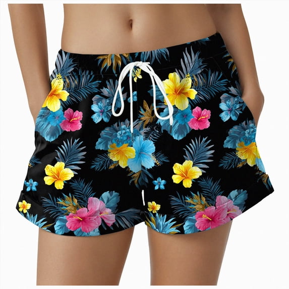 COMVALUE Women Drawstring Board Shorts Floral Beach Swim Shorts Summer Swim Trunks with Pockets (Blue, M)