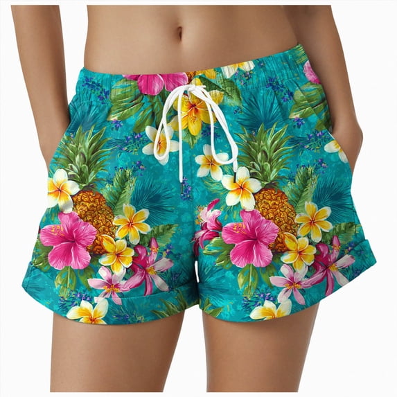 COMVALUE Women Drawstring Board Shorts Floral Beach Swim Shorts Summer Swim Trunks with Pockets (Green, XL)
