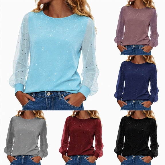 COMVALUE Women Dressy Shirt Sheer Mesh Patchwork Long Sleeve Glitter Tunic Tops Crewneck Casual Bling Blouse for Party Travel (Blue, L)