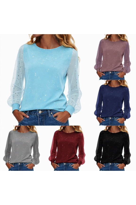Women Dressy Shirt Sheer Mesh Patchwork Long Sleeve Glitter Tunic Tops Crewneck Casual Bling Blouse for Party Travel (Blue, L)