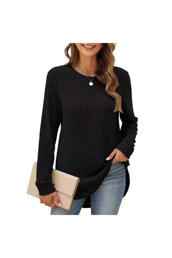 Women Fashion Long Sleeve top Fall Clothes Trendy T-Shirt Blouse (Black, L)