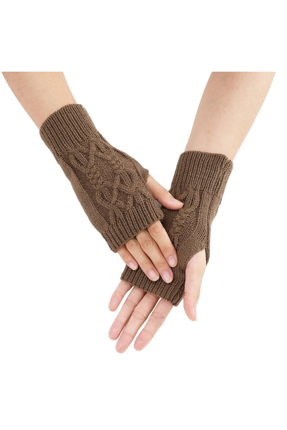 Women Fingerless-Thick-Gloves for Outdoor Arm-Warmers Half-Finger Stretchy-Knit-Gloves (Khaki, One Size)
