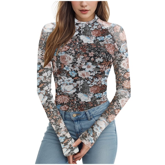 COMVALUE Women Flower Print Half Turtleneck Long Sleeve Shirt Sexy Mesh Slim Fit Top( Black,M)