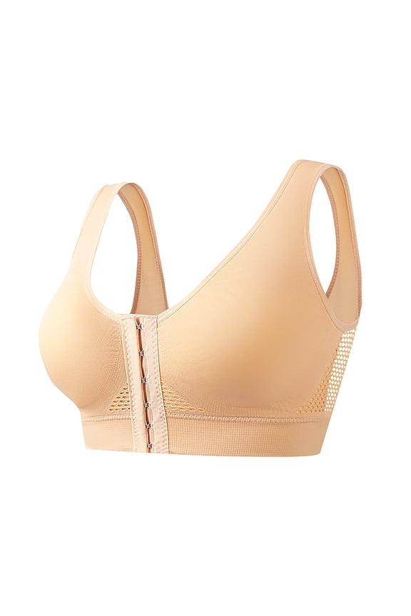 Women's Front Closure Bra with Adjustable Straps Wirefree Sports Post Surgery Compression Bra (Beige, M)