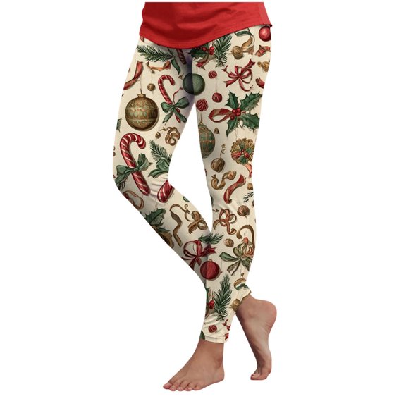 COMVALUE Women High Waisted Tummy Control Butt Lifting Printed Winter Warm Yoga Tights Christmas Fleece Lined Leggings (Beige, S)