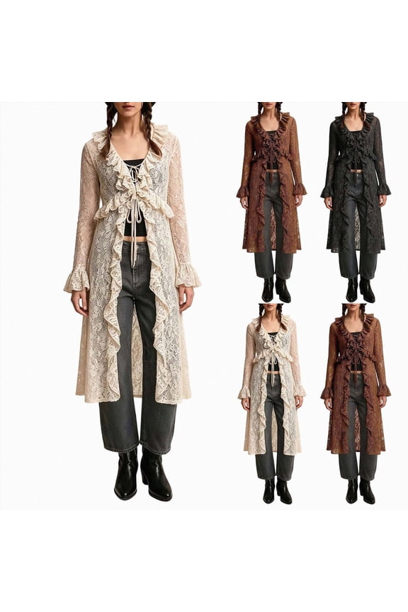 Women Lace Mesh Tie Front Maxi Top Ruffled Long Sleeve Sheer Cardigan See Through Flowy Kimono Cover Up Shirt Beige for Size S