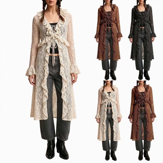 COMVALUE Women Lace Mesh Tie Front Maxi Top Ruffled Long Sleeve Sheer Cardigan See Through Flowy Kimono Cover Up Shirt Black for Size L