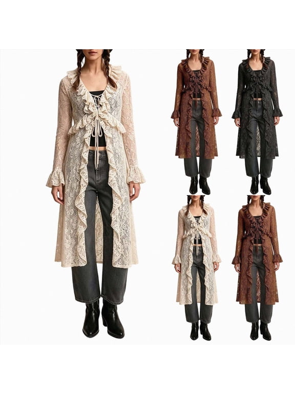 Women Lace Mesh Tie Front Maxi Top Ruffled Long Sleeve Sheer Cardigan See Through Flowy Kimono Cover Up Shirt Black for Size L