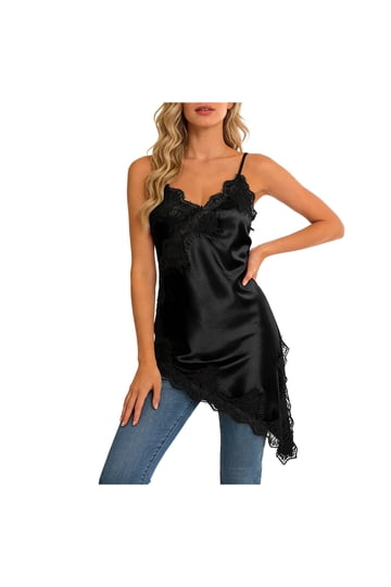 knee length dresses for ladies Ella Asymmetric Lace Trim Cami Dress In Black – The Walk in Wardrobe main image 0