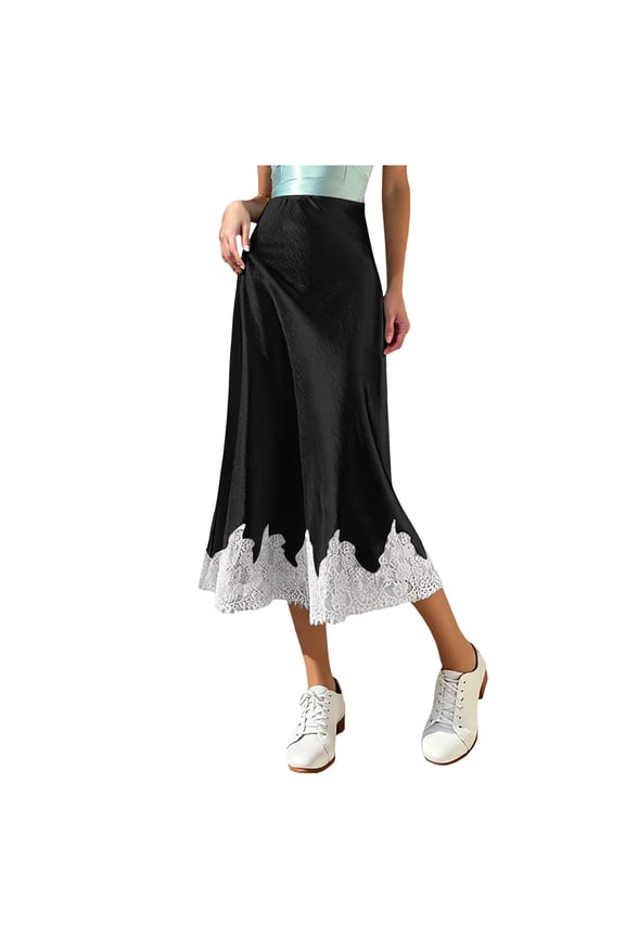 Women Lace Trim Patchwork Skirts High Waist A Line Y2K Elegant Maxi Long Skirts Party Boho Bodycon Skirt (Black, XS)