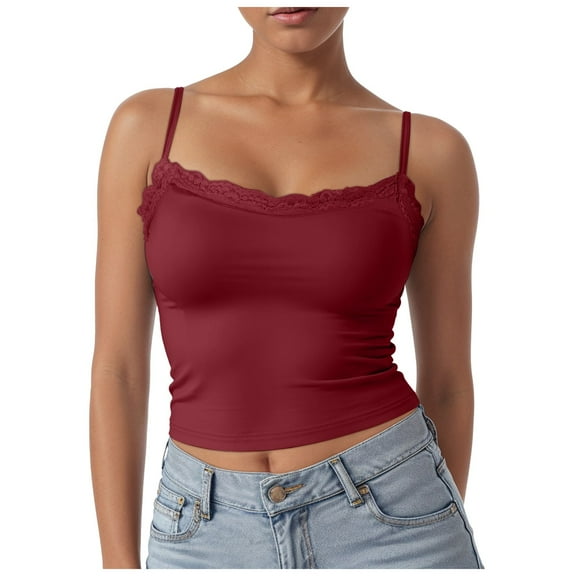COMVALUE Women Lace Y2K Square Neck Double Lined Sexy Strap Tank Top Sleeveless Going Out Party Club Basic Shirt (Brick Red, S)
