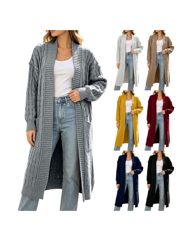 Women Long Cardigan Sweaters Cable Knit Open Front Fall Coat Elegant Calf Length Silhouette Pattern Relaxed Pockets Included Great for Chilly Evening Walks (Black, XL)