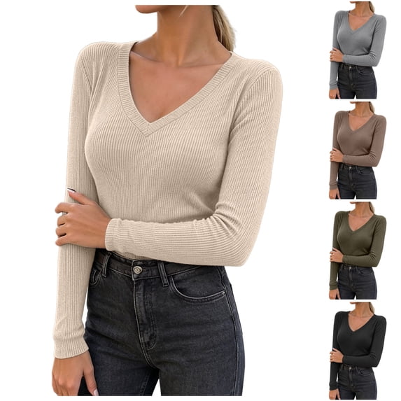 COMVALUE Women Long Sleeve Shirts Ribbed Cotton V Neck Tops Fit Slim Knit Casual Basic Tees Plain Layering Undershirts (Grey, XL)