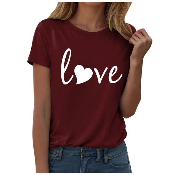 COMVALUE Women Love Heart Printed Shirts Valentine's Day Cute Casual Graphic T Shirts Spring Tops Trendy Tee Gifts (Brick Red, 3XL)
